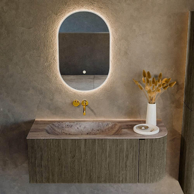 MONDIAZ KURVE-DLUX Meuble de salle de bains 115 cm arrondi à droite couleur Shadow avec 1 tiroir et 1 porte. Lavabo BIG SMALL à gauche sans trou de robinet Oza.