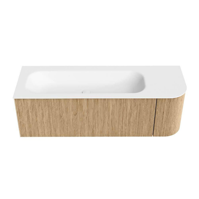 MONDIAZ KURVE 135cm Meuble salle de bain avec module 25 D - couleur Oak - 1 tiroir - 1 porte - vasque BIG MEDIUM gauche - sans trous de robinet - Talc