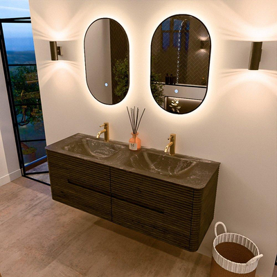 Mondiaz CIRO-DLUX Badkamermeubelset - 140x45x50cm - Solid surface wastafel Lava - 2 wasbak Dubbel - 2 kraangaten - 4 lades - Shadow