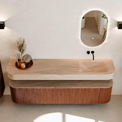 MONDIAZ THOR-DLUX 190cm meuble de salle de bains arrondi gauche + droite couleur Ruby avec 2 tiroirs et 2 portes. Vasque suspendue CLOUD Droite sans trou de robinet couleur Saba.