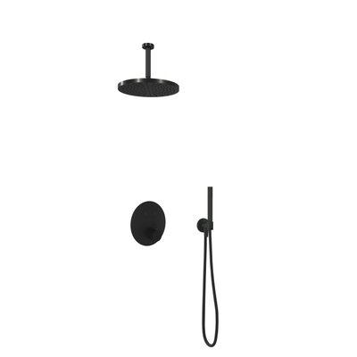 Hotbath Cobber ibs22 kit de douche thermostatique avec inverseur 2 voies avec douchette à main avec tuyau de plafond 15cm avec tête de douche ronde 30cm noir mat