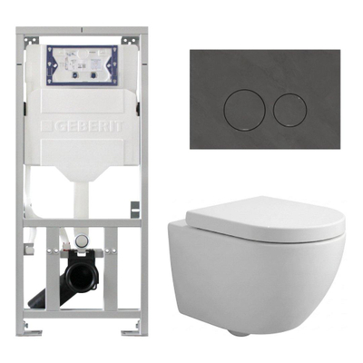 Pack WC QeramiQ Dely Swirl Compact - réservoir encastrable Geberit UP320 - avec bâti-support Burda - abattant 25 mm - plaque de commande en pierre naturelle marbre foncé - boutons ronds - blanc mat