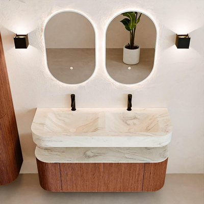 MONDIAZ THOR-DLUX 130cm meuble de salle de bains arrondi gauche + droite couleur Ruby avec 1 tiroir et 2 portes. Vasque suspendue CLOUD Double 2 trous de robinet couleur Ostra.