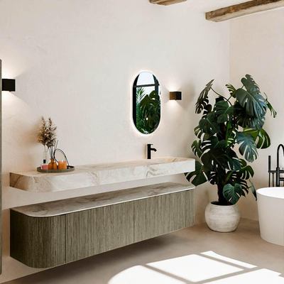 MONDIAZ THOR-DLUX 200cm meuble de salle de bains arrondi gauche + droite couleur Shadow avec 2 tiroirs et 2 portes. Vasque suspendue CLOUD Droite 1 trou de robinet couleur Frappe.