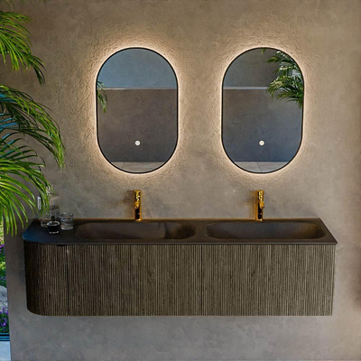 Mondiaz KURVE Ensemble de meuble salle de bain - 165x46x40cm - 2 tiroirs - 1 porte - lavabo en solid surface - double / droite - 2 trous de robinet - Shadow