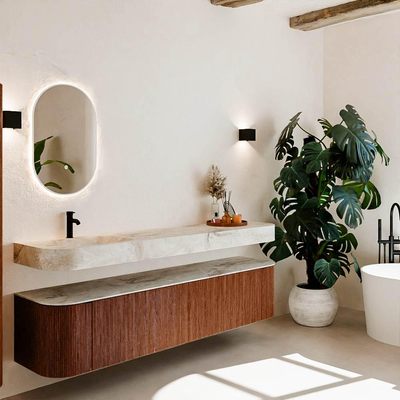 MONDIAZ THOR-DLUX 200cm meuble de salle de bains arrondi gauche + droite couleur Ruby avec 2 tiroirs et 2 portes. Vasque suspendue CLOUD Gauche 1 trou de robinet couleur Frappe.