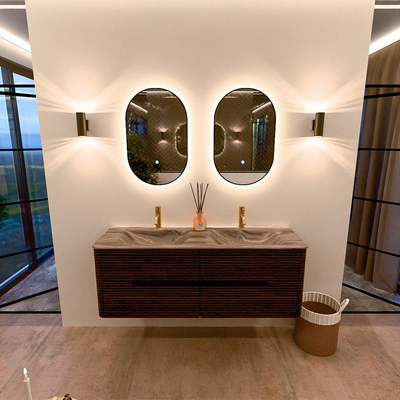 Mondiaz CIRO-DLUX Badkamermeubelset - 140x45x50cm - Solid surface wastafel Sombra - 2 wasbak Dubbel - 2 kraangaten - 4 lades - Walnut