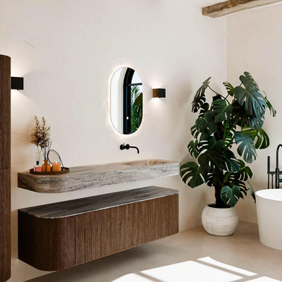 MONDIAZ THOR-DLUX 160cm meuble de salle de bains arrondi gauche + droite couleur Walnut avec 1 tiroir et 2 portes. Vasque suspendue CLOUD droite sans trou de robinet couleur Oza.