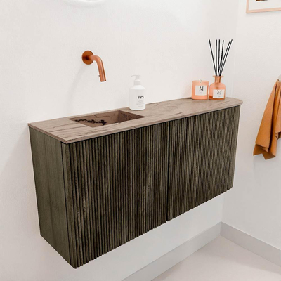 Mondiaz JOYA-DLUX 91.6cm toiletmeubel - ronding rechts kleur Shadow - Wastafel FAYE positie Links Zonder kraangat kleur Arena.