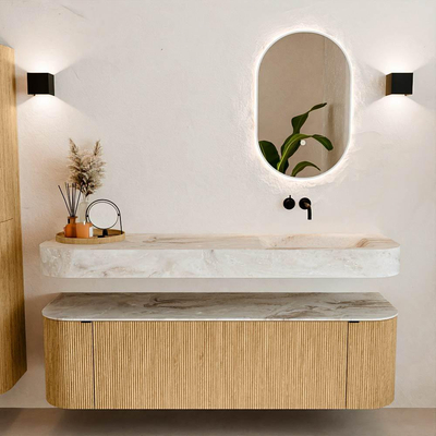 MONDIAZ THOR-DLUX 160cm meuble de salle de bains arrondi gauche + droite couleur Oak avec 1 tiroir et 2 portes. Vasque suspendue CLOUD Droite sans trou de robinet couleur Frappe.