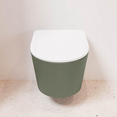 Mondiaz LAVIE hangtoilet – spoelrandloos – 36 x 53 cm – met softclose zitting – Army (groen), zitting Talc (wit)