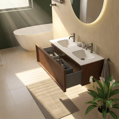 Saniclass Holz Frame Ensemble meuble de salle de bains - 120x45x41.5cm - Vasque Flow en solid surface blanc - 2 lavabos - 2 trous de robinetterie - 1 tiroir - walnut pure mat (bois)