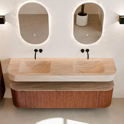 MONDIAZ THOR-DLUX 170cm meuble de salle de bains arrondi gauche + droite couleur Ruby avec 1 tiroir et 2 portes. Vasque suspendue CLOUD Double sans trou de robinet couleur Saba.