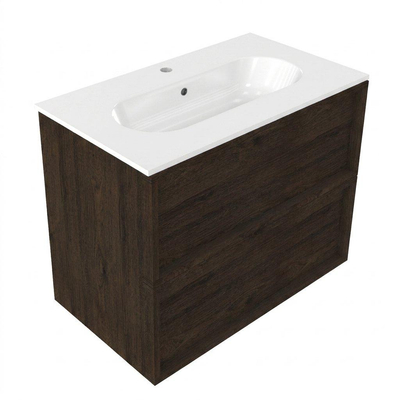Saniclass Holz Frame Ensemble meuble de salle de bains - 80x45x73.9cm - Lavabo en céramique Chaci blanc - 1 vasque - 1 trou de robinetterie - 2 tiroirs - chêne charcoal mat (bois)