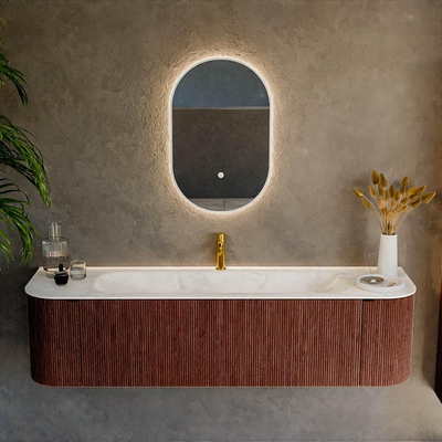Ensemble de meuble de salle de bain Mondiaz KURVE-DLUX - 170x46x40cm - 1 tiroir - 2 portes - lavabo en solid surface - milieu - 1 trou de robinet - Ruby
