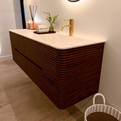 Mondiaz CIRO-DLUX Badkamermeubelset - 150x45x50cm - Solid surface wastafel Meli - 1 wasbak Rechts - 1 kraangat - 4 lades - Ruby