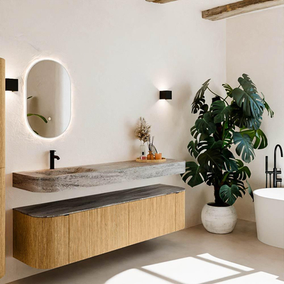 MONDIAZ THOR-DLUX 180cm meuble de salle de bains arrondi gauche + droite couleur Oak avec 2 tiroirs et 2 portes. Vasque suspendue CLOUD Gauche 1 trou de robinet couleur Oza.