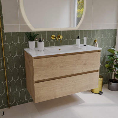 Saniclass Holz Pure Meuble de salle de bain - 100x45x60cm - lavabo en céramique blanc - 1 vasque - sans trous de robinet - 2 tiroirs - Chêne Natural