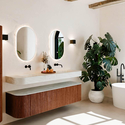 MONDIAZ THOR-DLUX 180cm meuble de salle de bains arrondi gauche + droite couleur Ruby avec 2 tiroirs et 2 portes. Vasque suspendue CLOUD Double sans trou de robinet couleur Opalo.