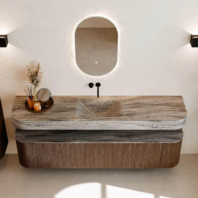 MONDIAZ THOR-DLUX Meuble de salle de bains - 190cm - arrondi gauche + droite - couleur Walnut - 2 tiroirs et 2 portes - Vasque suspendue CLOUD Milieu sans trou de robinet - couleur Oza