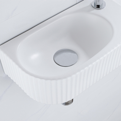 Fugaflow Efficiente Pietra Fonteinset - 40x21.5x12cm - rechts - geribbeld - halfrond - 1 kraangat - keramiek - fonteinkraan chroom - afvoerplug - verlaagd sifon - wit mat