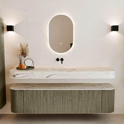 MONDIAZ THOR-DLUX 180cm meuble de salle de bains arrondi gauche + droite couleur Shadow avec 2 tiroirs et 2 portes. Vasque suspendue CLOUD Milieu sans trou de robinet couleur Nata.