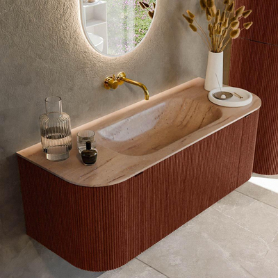 MONDIAZ KURVE-DLUX 120cm badmeubel ronding Links + Rechts kleur Ruby met 1 lade en 2 deuren. Wastafel BIG SMALL Midden zonder kraangat Saba.