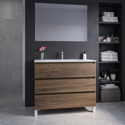 Saniclass Chaci PLUS Meuble de salle de bain - 100x86x46cm - lavabo en céramique blanc - 1 vasque ovale - 1 trou de robinet - 3 tiroirs - miroir rectangulaire - noyer (hout)