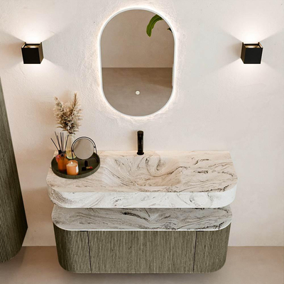 MONDIAZ THOR-DLUX 120cm meuble de salle de bains arrondi gauche + droite couleur Shadow avec 1 tiroir et 2 portes. Vasque suspendue CLOUD Milieu 1 trou de robinet couleur Glace.