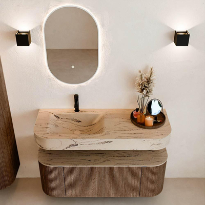 MONDIAZ THOR-DLUX 120cm meuble de salle de bains arrondi gauche + droite couleur Walnut avec 1 tiroir et 2 portes. Vasque suspendue CLOUD gauche 1 trou de robinet couleur Arena.