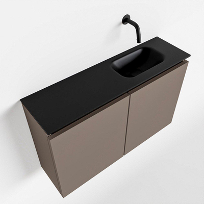 MONDIAZ TURE Fonteinset - 80x23x50cm - 0 kraangaten - 2 deuren - smoke mat - Wasbak rechts - Solid Surface Zwart