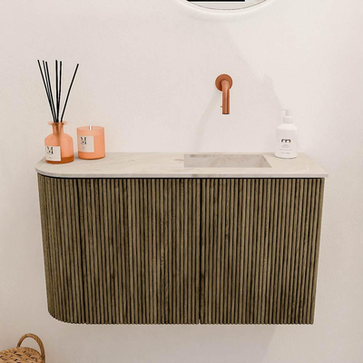 Mondiaz JOYA-DLUX Meuble de salle de bains 71,6cm - arrondi gauche couleur Dusk - Vasque FAYE position droite Sans trou de robinet couleur Frappe