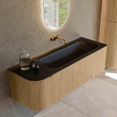 MONDIAZ KURVE Meuble de salle de bains 135 cm avec module 25 L couleur Oak avec 1 tiroir et 1 porte. Lavabo BIG MEDIUM à droite sans trou de robinet Urban.