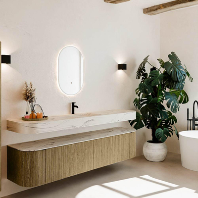 MONDIAZ THOR-DLUX 200cm meuble de salle de bains arrondi gauche + droite couleur Dusk avec 2 tiroirs et 2 portes. Vasque suspendue CLOUD Milieu 1 trou de robinet couleur Nata.