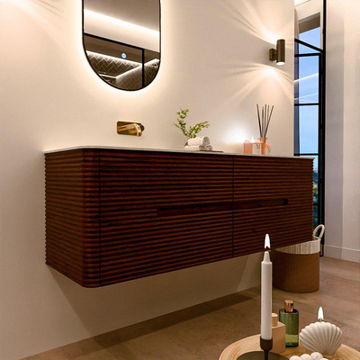 Mondiaz CIRO-DLUX Ensemble de meubles de salle de bains - 150x45x50cm - plan-vasque solid surface Opalo - 1 vasque à gauche - sans trous de robinet - 4 tiroirs - Ruby