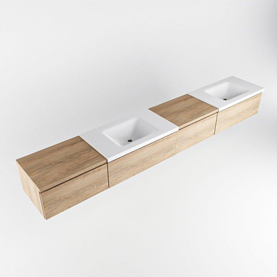MONDIAZ BUKLA 280cm ensemble de meuble avec module 60 à droite couleur Chêne blanchi avec 4 tiroirs. Lavabo CLOUD double 2 trous de robinet couleur Talc.