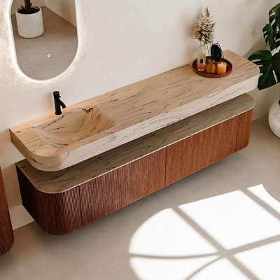 MONDIAZ THOR-DLUX 200cm meuble de salle de bains arrondi gauche + droite couleur Ruby avec 2 tiroirs et 2 portes. Vasque suspendue CLOUD Gauche 1 trou de robinet couleur Arena.