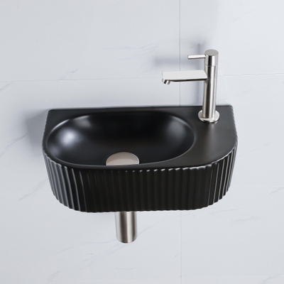Fugaflow Efficiente Pietra Ensemble lave-mains - 40x21.5x12cm - droite - cannelé - demi-rond - 1 trou de robinet - céramique - robinet de lave-mains inox brossé - bouchon de vidage - siphon abaissé - noir mat