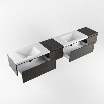 MONDIAZ BUKLA 240cm ensemble de meuble avec module 40 gauche couleur Marron Foncé avec 4 tiroirs. Lavabo CLOUD double 0 trou de robinet couleur Talc.