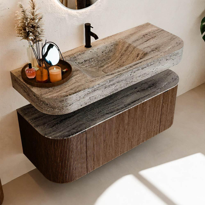 MONDIAZ THOR-DLUX 120cm badmeubel ronding links + rechts kleur Walnut met 1 lade en 2 deuren. Vrijhangende wastafel CLOUD Midden 1 kraangat kleur Oza.