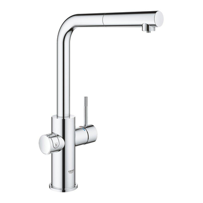 GROHE Blue Home Robinet de cuisine - bec en L extractible - monotrou - fonction de filtration - eau plate légère et pétillante - chrome