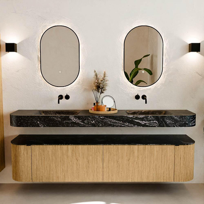 MONDIAZ THOR-DLUX 200cm meuble de salle de bains arrondi gauche + droite couleur Chêne avec 2 tiroirs et 2 portes. Vasque suspendue CLOUD Double sans trou de robinet couleur Lava.