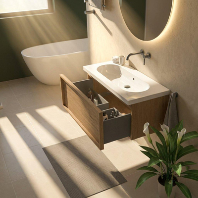 Saniclass Holz Frame Ensemble de meubles de salle de bains - 100x45x43.5cm - lavabo en céramique Palermo blanc - 1 vasque - sans trou de robinet - 1 tiroir - chêne naturel mat (bois)