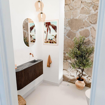 Mondiaz JOYA-DLUX 91.6cm toiletmeubel - ronding links kleur Walnut - Wastafel FAYE positie Rechts Zonder kraangat kleur Sombra.