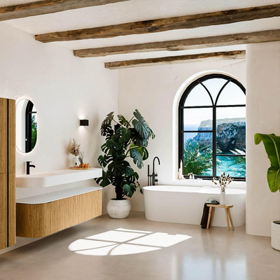 MONDIAZ THOR 170cm badmeubel ronding links + rechts kleur Oak met 1 lade en 2 deuren. Vrijhangende wastafel CLOUD Links 1 kraangat kleur Talc.