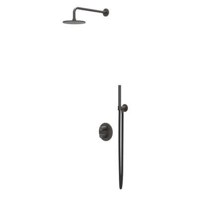 IVY Tribe Regendoucheset - inbouw - 2-weg stop-omstel - 30cm plafondbuis - 30cm medium hoofddouche rond - glijstang met uitlaat - 150cm doucheslang - staafmodel handdouche - RVS316 - geborsteld carbon black PVD