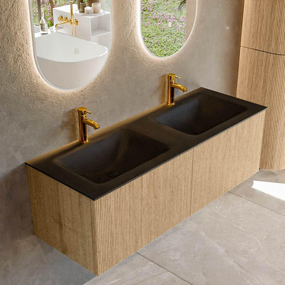 MONDIAZ KURVE 130cm Meuble salle de bain - couleur Oak - 2 tiroirs - vasque CLOUD double - 2 trous de robinet - Urban