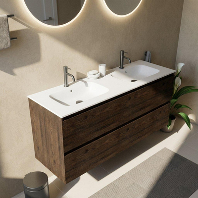 Saniclass Holz Pure Ensemble de meuble de salle de bains - 140x45x61.5cm - Vasque Flow en solid surface blanc - 2 vasques - 2 trous de robinet - 4 tiroirs - chêne charcoal mat (bois)