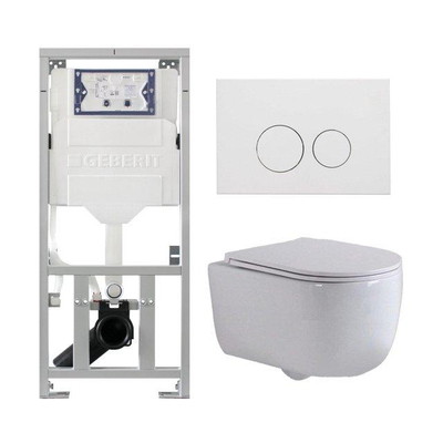 QeramiQ Dely Swirl Ensemble WC - 36,3x51,7 cm - fond creux - sans bride - réservoir encastré Geberit UP320 - abattant fin - plaque de commande en métal blanc mat - boutons ronds - blanc mat