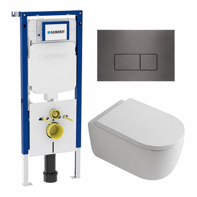 QeramiQ Dely Swirl Toiletset - 36.3x51.7cm - diepspoel - rimless - Geberit UP720 Duofix Sigma inbouwreservoir - 35mm zitting - gunmetal bedieningsplaat - rechtehoekige knoppen - mat wit